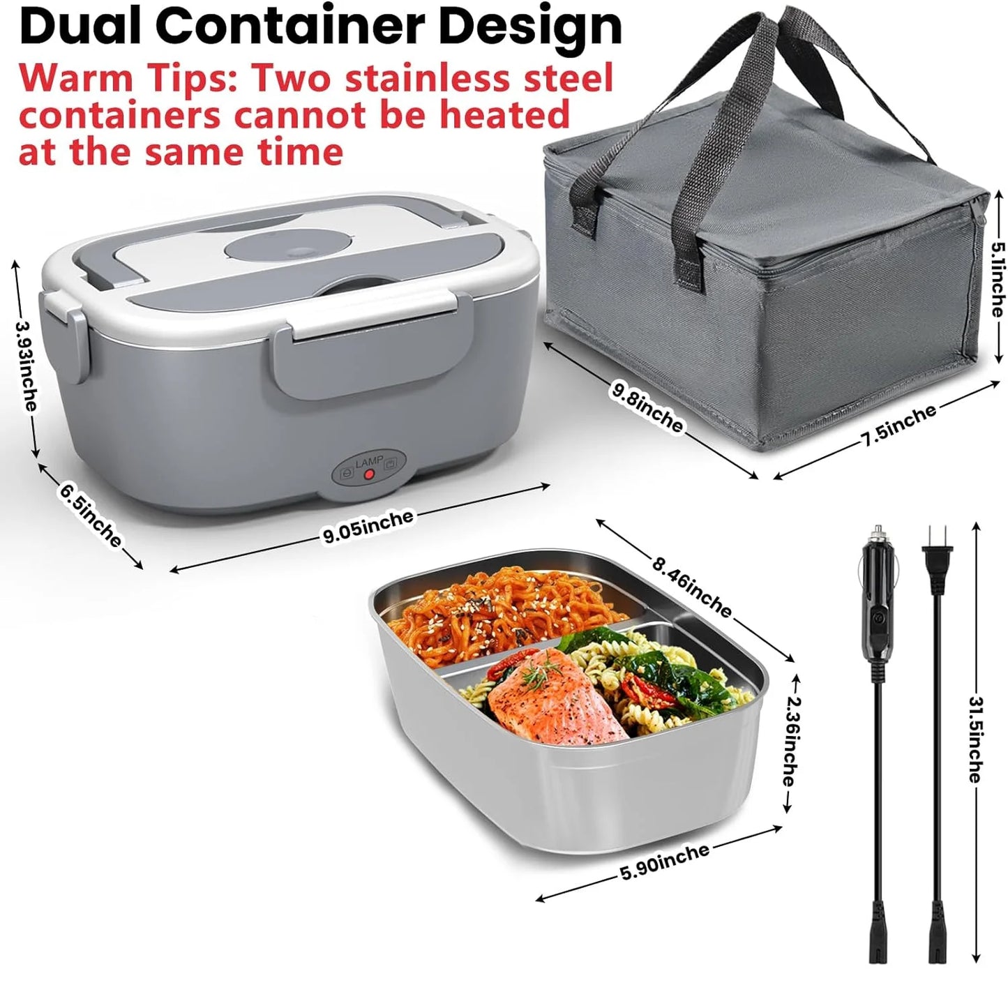 80w1. 5L Portable Electric Heating Lunch Box, Stainless Steel Detachable heat Bowl, Car/Truck/Office Lunch Box, Microwave Oven