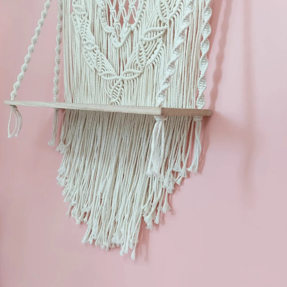 Macrame Floating Shelf Cream White Macrame Wall Hanging Shelf Boho Bedroom Living Room Decor Handwoven Flower Pot Display Stand
