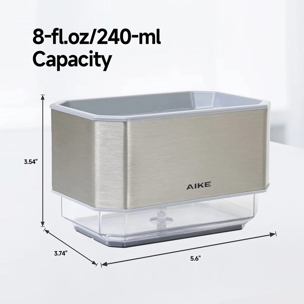 AIKE 2 in 1 Kitchen Soap Dispenser with Sponge Stainless Steel Dish Soap Box Detergent Dispenser for Dishwashing Manual Pump