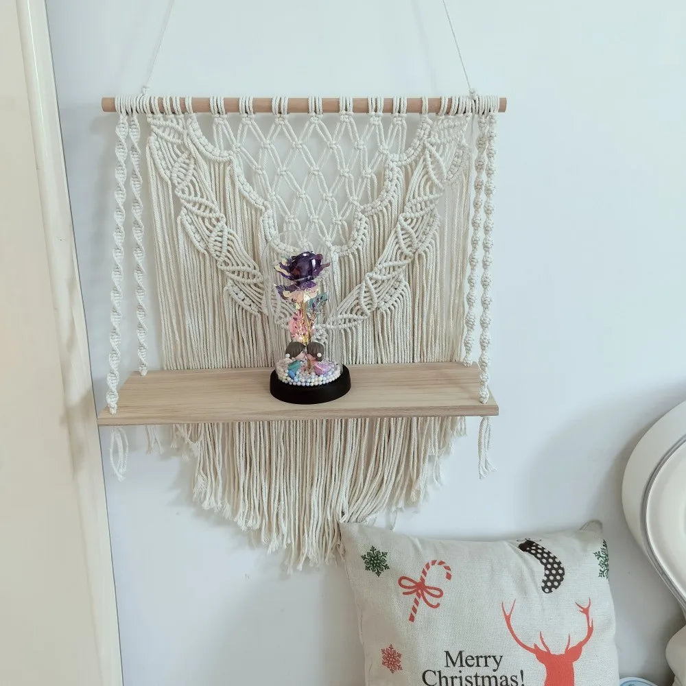 Macrame Floating Shelf Cream White Macrame Wall Hanging Shelf Boho Bedroom Living Room Decor Handwoven Flower Pot Display Stand