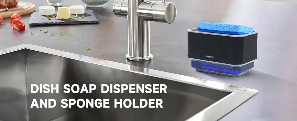 AIKE 2 in 1 Kitchen Soap Dispenser with Sponge Stainless Steel Dish Soap Box Detergent Dispenser for Dishwashing Manual Pump