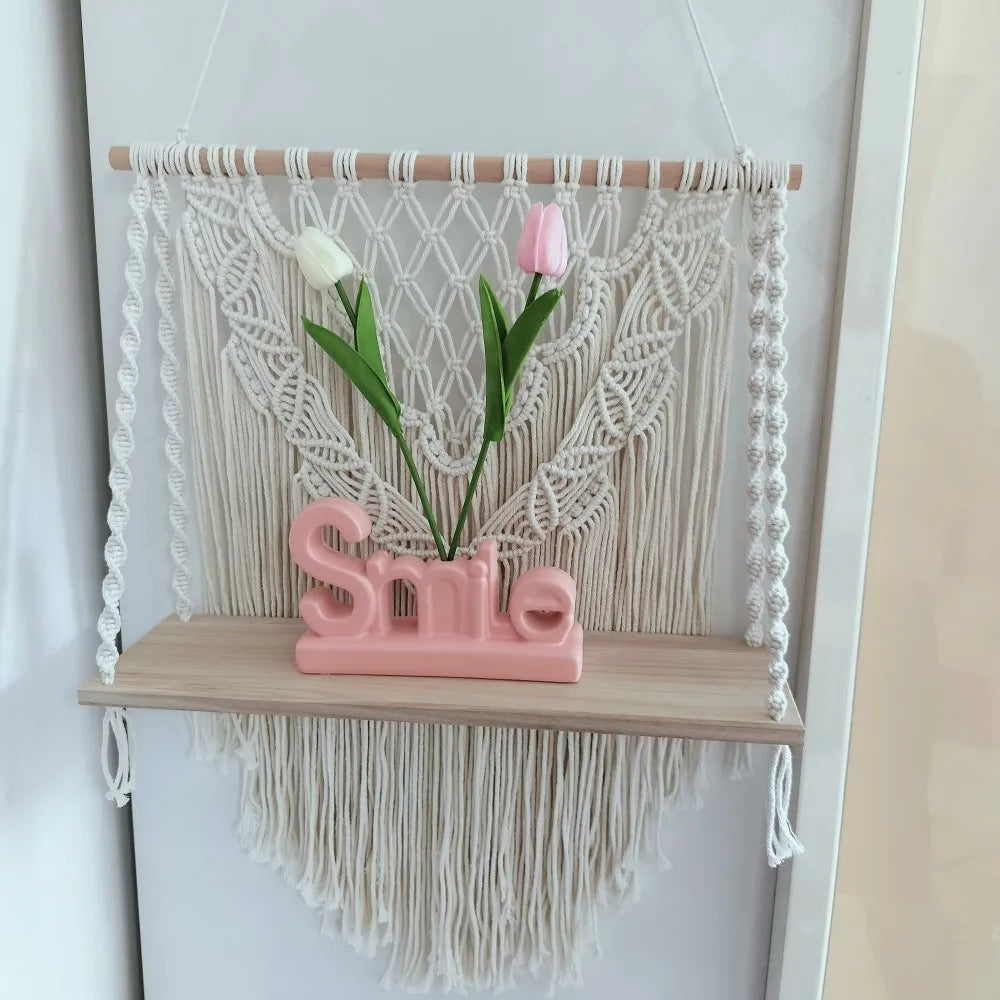 Macrame Floating Shelf Cream White Macrame Wall Hanging Shelf Boho Bedroom Living Room Decor Handwoven Flower Pot Display Stand