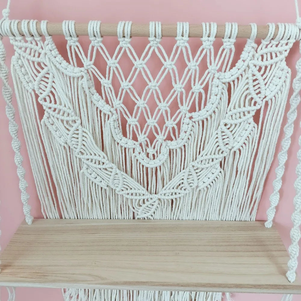 Macrame Floating Shelf Cream White Macrame Wall Hanging Shelf Boho Bedroom Living Room Decor Handwoven Flower Pot Display Stand