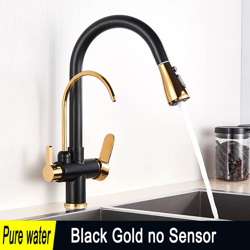 SHBSHAIMY Golden Kitchen Tap Pull Down Purified Water Faucet 360 Rotation Double Handles Single Hole Cold and Hot Water Mixers