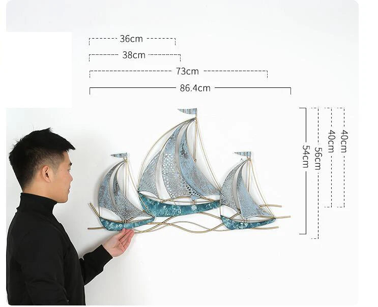 Modern Wrought Iron Sailboat Wall Mural Hotel 3D Wall Sticker Decoration Home Livingroom Background Wall Hanging Ornament Crafts
