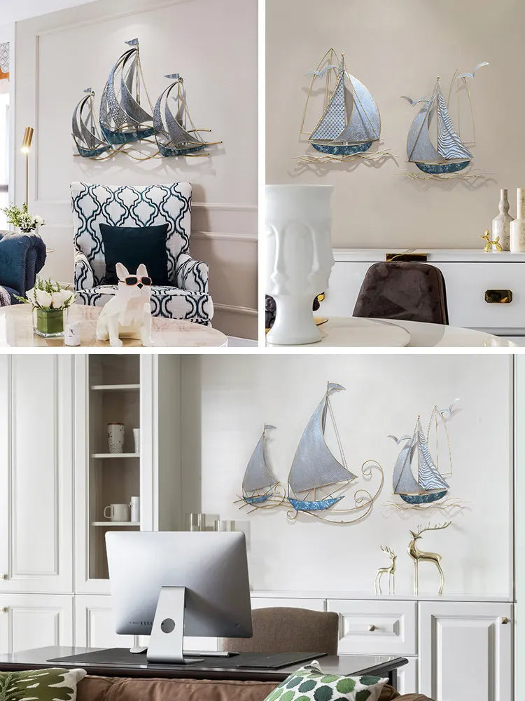 Modern Wrought Iron Sailboat Wall Mural Hotel 3D Wall Sticker Decoration Home Livingroom Background Wall Hanging Ornament Crafts
