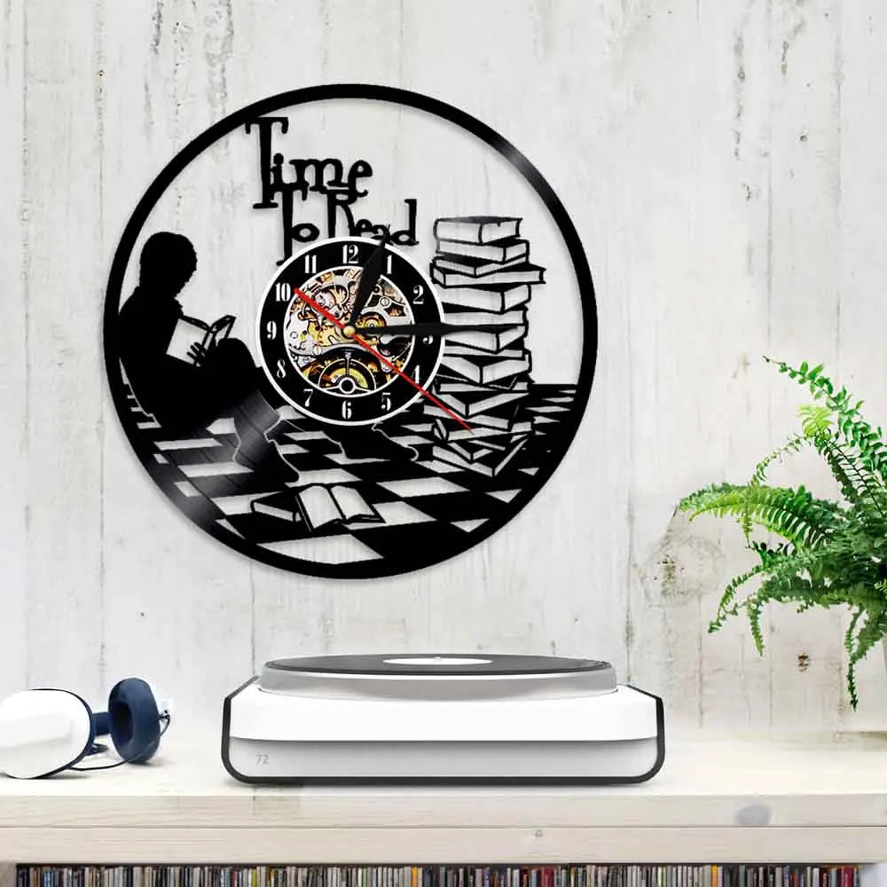 Time To Read Art Decorative Wall Clock Book Shop Study Silent Decor Make From Vinyl Record Reading Mount Hanging Art Home Detor