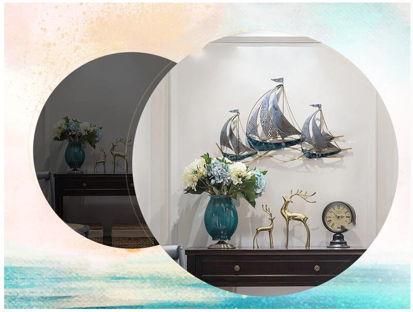 Modern Wrought Iron Sailboat Wall Mural Hotel 3D Wall Sticker Decoration Home Livingroom Background Wall Hanging Ornament Crafts