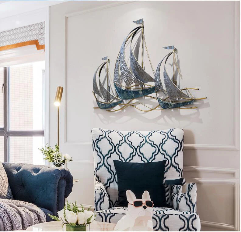 Modern Wrought Iron Sailboat Wall Mural Hotel 3D Wall Sticker Decoration Home Livingroom Background Wall Hanging Ornament Crafts