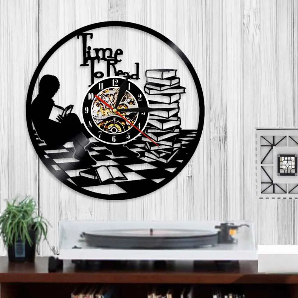 Time To Read Art Decorative Wall Clock Book Shop Study Silent Decor Make From Vinyl Record Reading Mount Hanging Art Home Detor