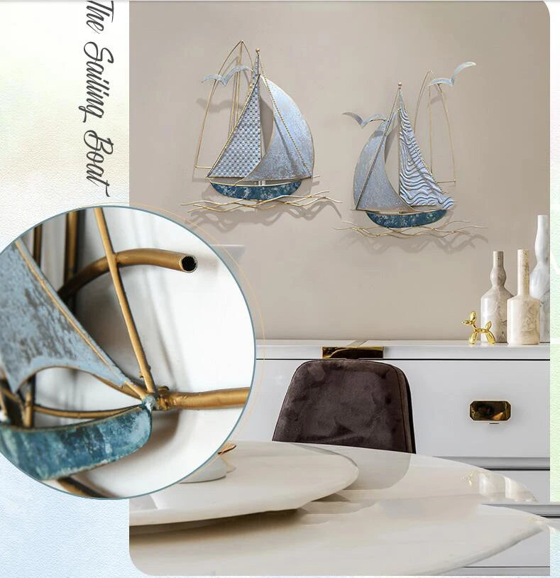 Modern Wrought Iron Sailboat Wall Mural Hotel 3D Wall Sticker Decoration Home Livingroom Background Wall Hanging Ornament Crafts