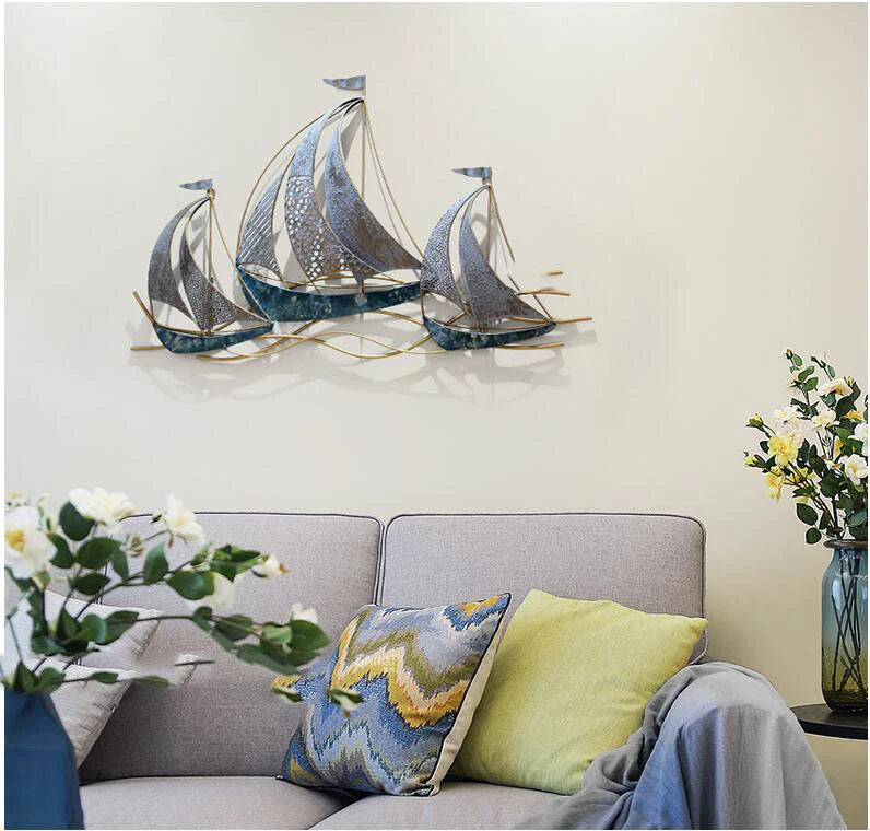 Modern Wrought Iron Sailboat Wall Mural Hotel 3D Wall Sticker Decoration Home Livingroom Background Wall Hanging Ornament Crafts