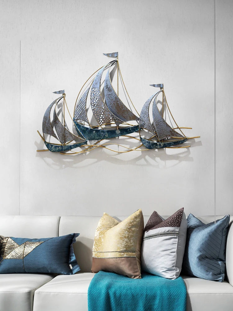 Modern Wrought Iron Sailboat Wall Mural Hotel 3D Wall Sticker Decoration Home Livingroom Background Wall Hanging Ornament Crafts