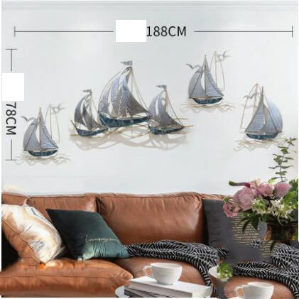 Modern Wrought Iron Sailboat Wall Mural Hotel 3D Wall Sticker Decoration Home Livingroom Background Wall Hanging Ornament Crafts