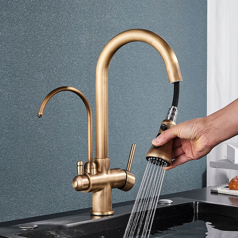 SHBSHAIMY Golden Kitchen Tap Pull Down Purified Water Faucet 360 Rotation Double Handles Single Hole Cold and Hot Water Mixers