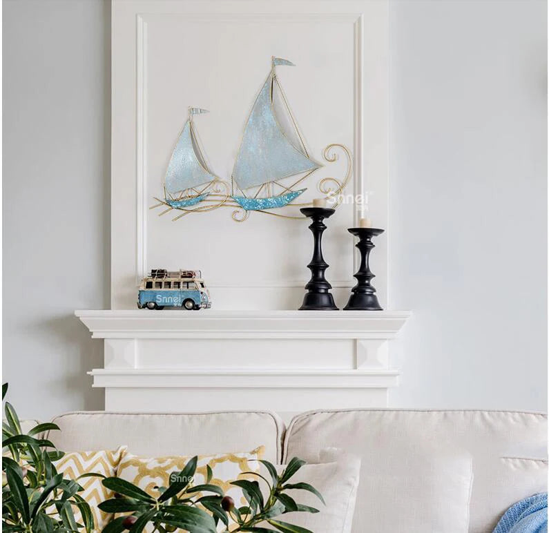 Modern Wrought Iron Sailboat Wall Mural Hotel 3D Wall Sticker Decoration Home Livingroom Background Wall Hanging Ornament Crafts