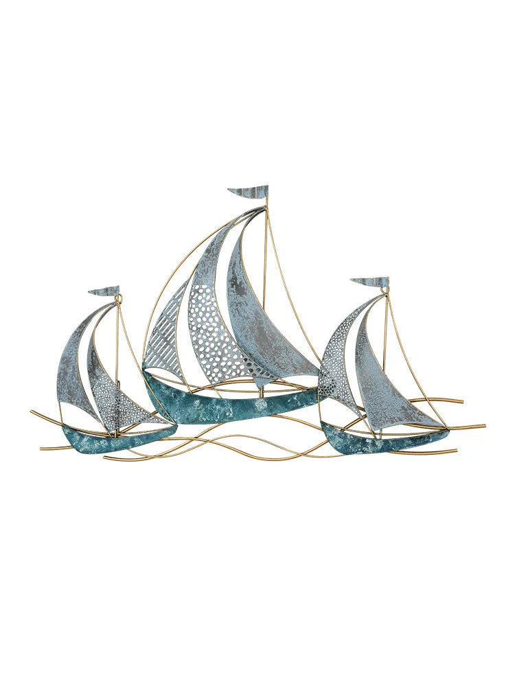 Modern Wrought Iron Sailboat Wall Mural Hotel 3D Wall Sticker Decoration Home Livingroom Background Wall Hanging Ornament Crafts