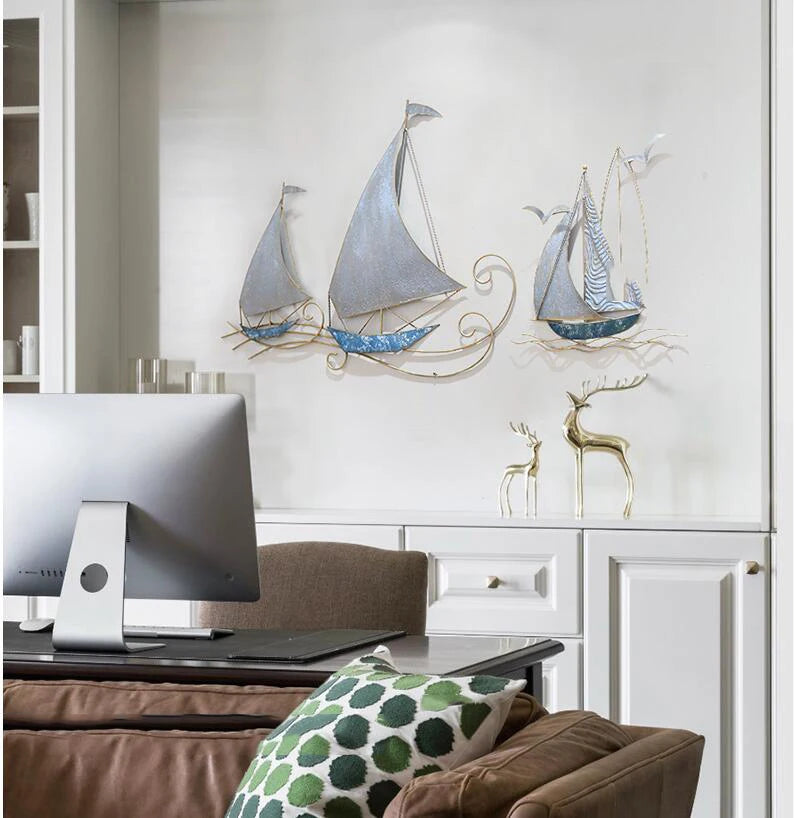 Modern Wrought Iron Sailboat Wall Mural Hotel 3D Wall Sticker Decoration Home Livingroom Background Wall Hanging Ornament Crafts