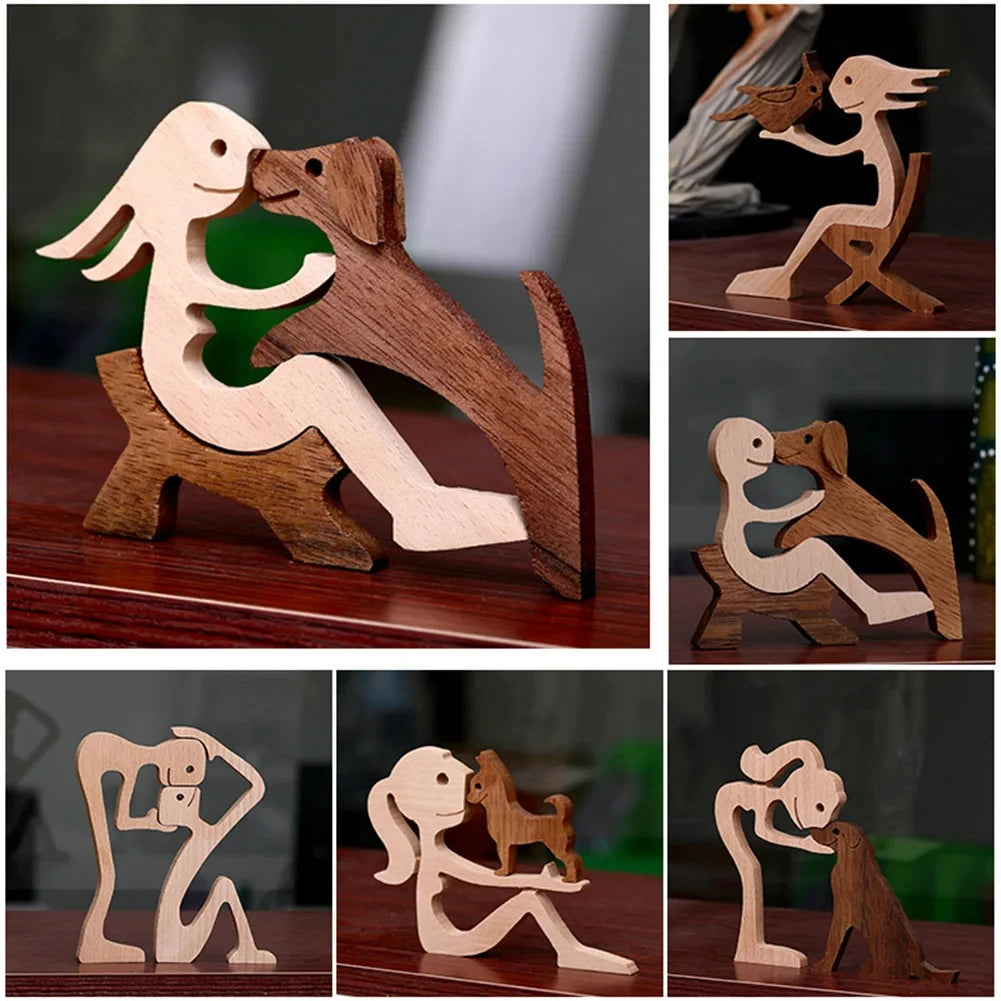 Wooden Dog And Human Craft Figurin Creative 3D Home Office Decoration Man Statue Wood Toy Desk ECO Friendly Free Shipping