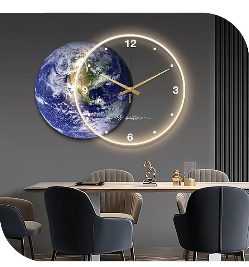 Large Dining Room Living Room Wall Clock Luxury Moon The Earth Modelling LED Light Silent Movement Bedroom Wall Decoration Gift