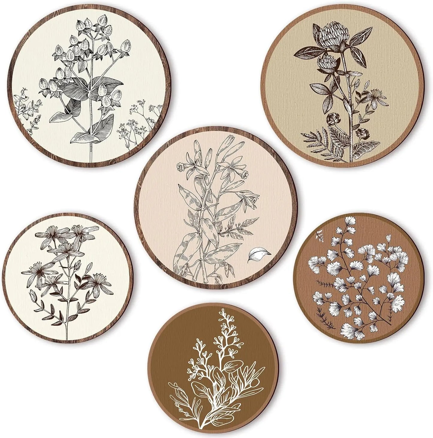 6Pcs Wooden Boho Wall Art, Bohemian Plant Hanging Decor, Rustic Farmhouse Wall Decor for Living Room, Bedroom & Office