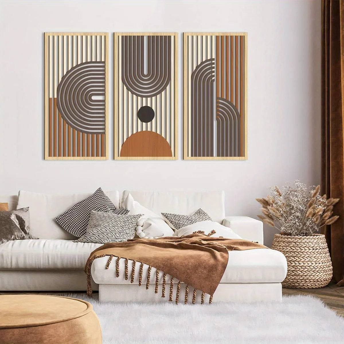 3PCS Modern Line Hollow Wooden Art Wall Decor, Abstract Geometric Wall Sculptures, Wall Decor for Bedroom Living Room Office