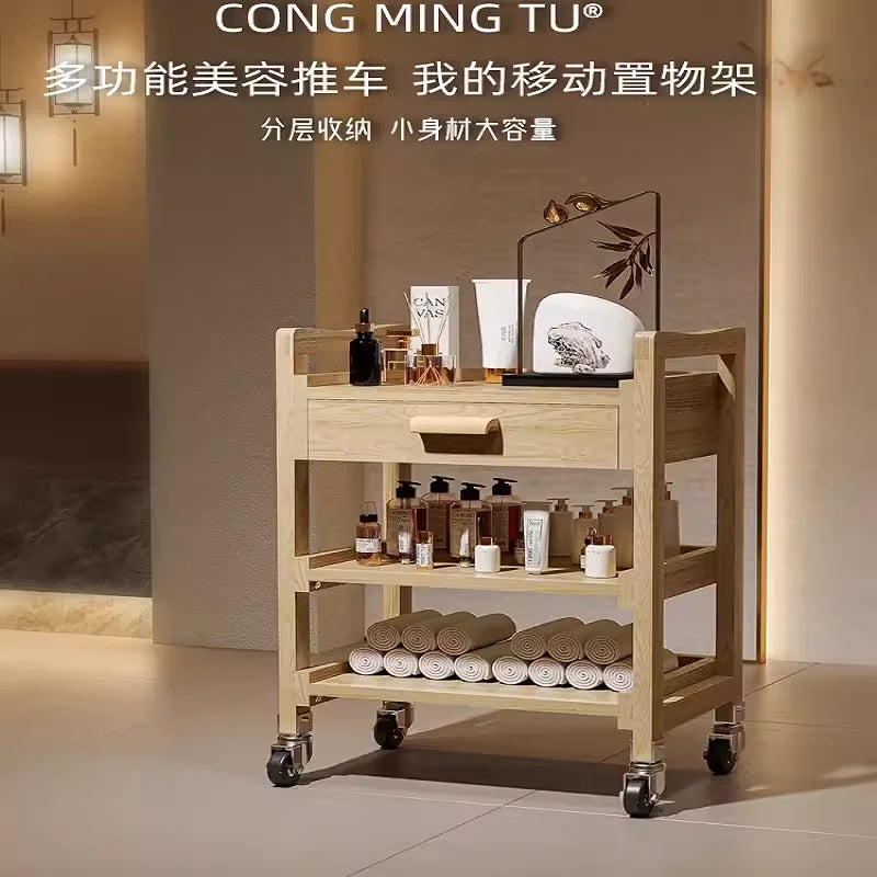 Solid Wood Multifunctional Beauty Salon Trolley Beauty Trolley Three Shelves Tools with Drawers Hair Commercial Furniture