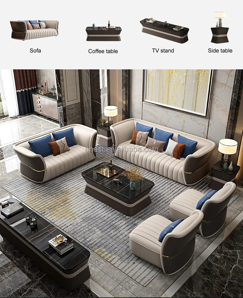 Modern European Style Luxury Villa Living Room Leather Sofa Set With Coffee Table TV Stand Furniture
