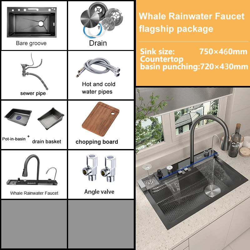Stainless Steel New Waterfall Kitchen Sink Digital Display Dishwashing Sinks With Draining Rack Embossed Extra Large Single Slot
