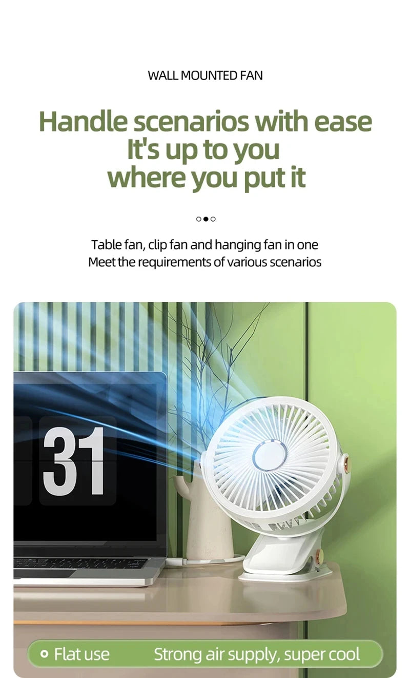 Xiaomi Portable Desktop Fan 3 Wind Speed Quiet Rechargeable Clip-on Air Circulator Wireless Hung Fan With LED Light Camping Home