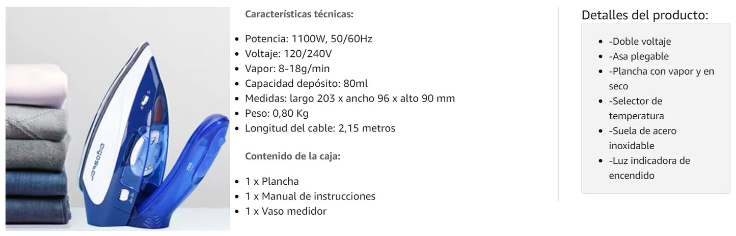 Travel Iron Steam Iron, Folding Handle, Temperature Selector, 1100W Steam Clothes Iron, Double Voltage 120V-240V, Stainless Steel Sole, 80ml Tank
