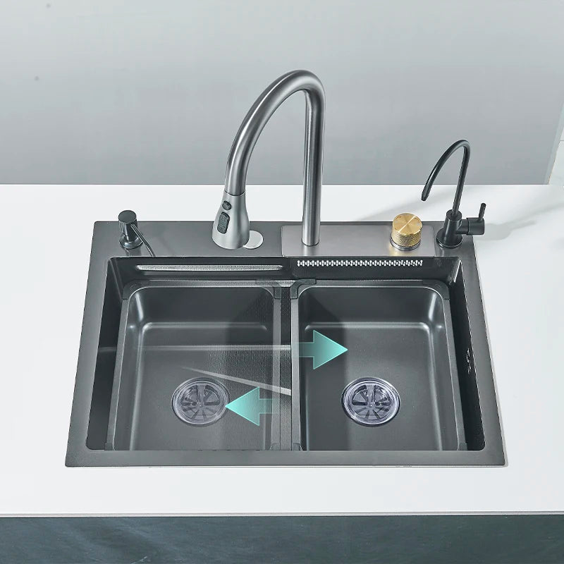 304 Stainless Steel Waterfall Kitchen Sink Sink Large Single basin With Large Single Slot Sink Above Counter With Cup Disher
