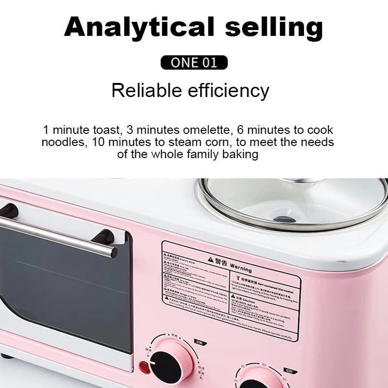Household Electric 4 in 1 Breakfast Machine Mini Bread Toaster Baking Oven Omelette Fry Pan Hot Pot Boiler Food Steamer