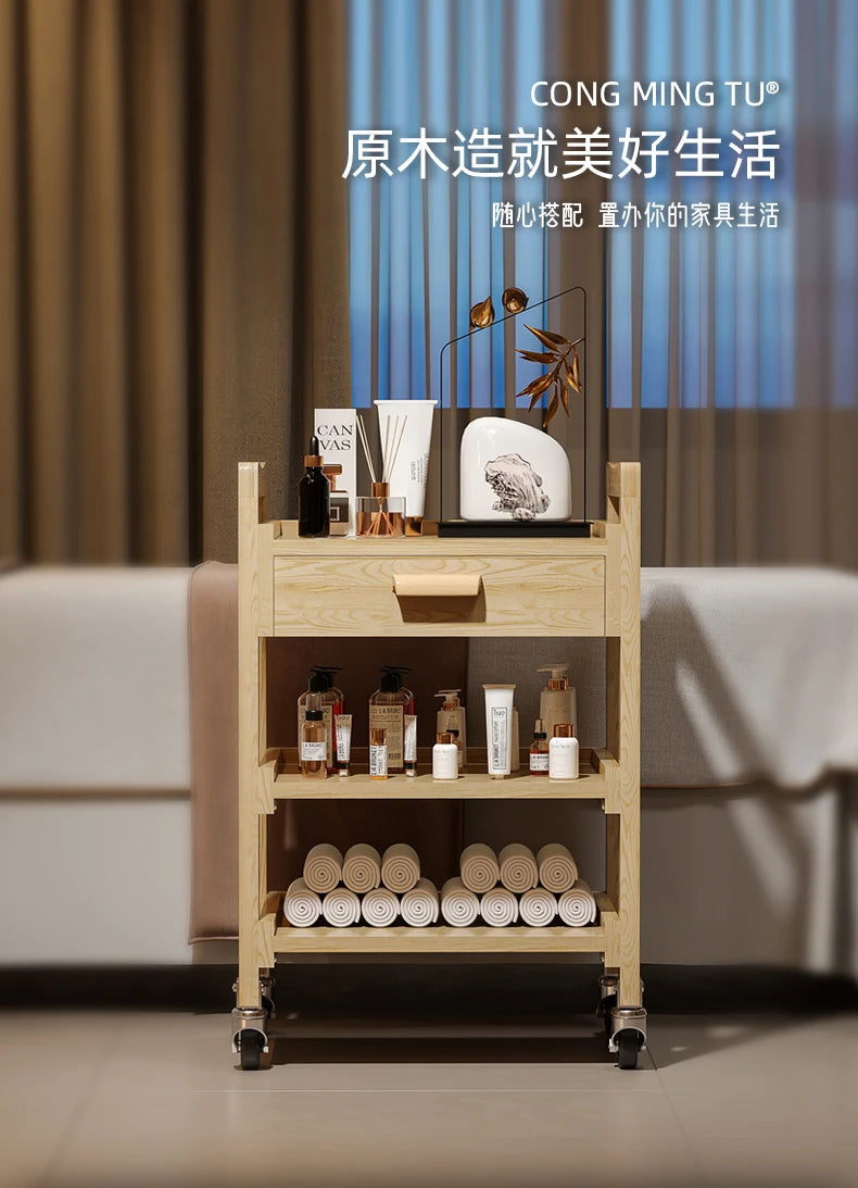 Solid Wood Multifunctional Beauty Salon Trolley Beauty Trolley Three Shelves Tools with Drawers Hair Commercial Furniture