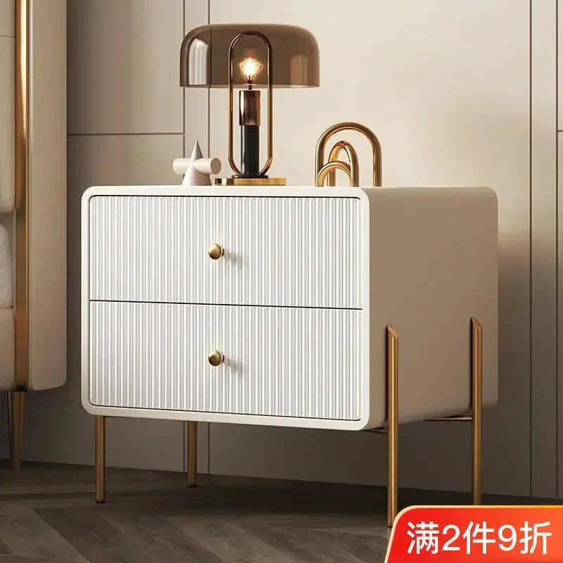 Modern Nightstand with Faux PU Leather, Bedside Table Furniture 2 Drawers, End Table with Metal Legs for Bedroom, Living Room