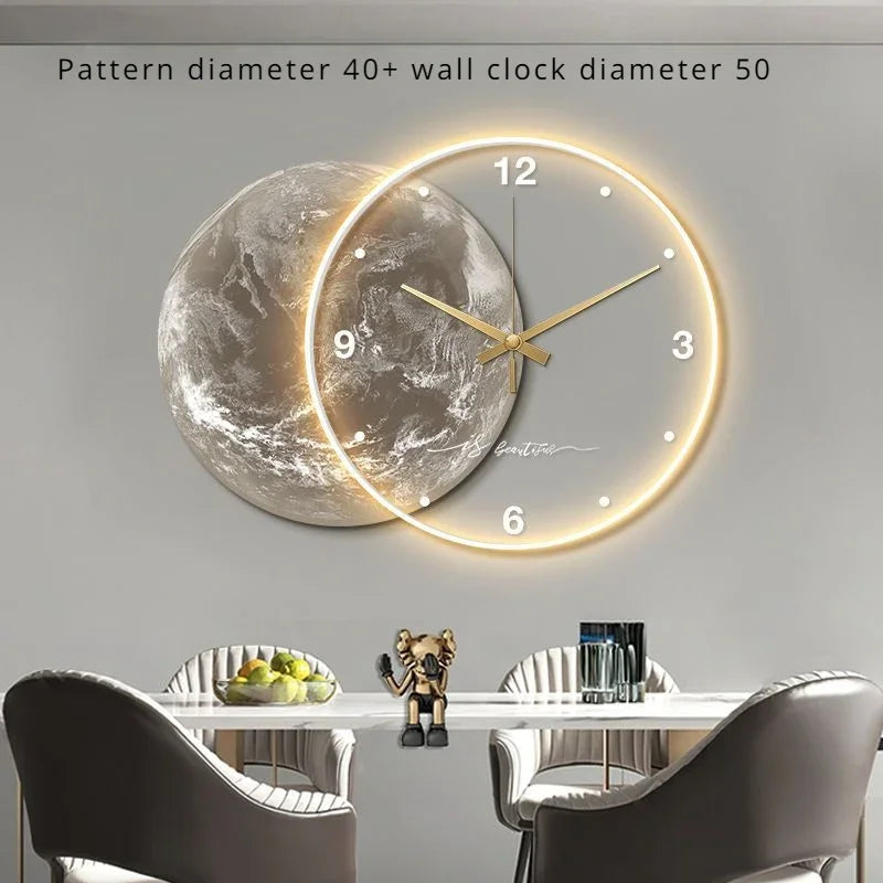Large Dining Room Living Room Wall Clock Luxury Moon The Earth Modelling LED Light Silent Movement Bedroom Wall Decoration Gift