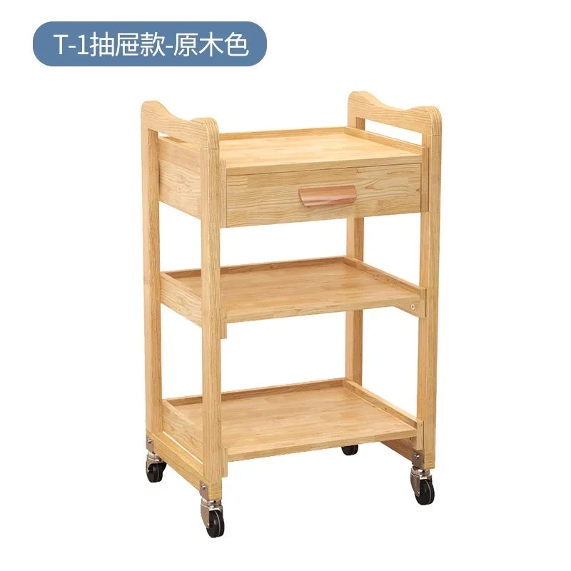 Solid Wood Multifunctional Beauty Salon Trolley Beauty Trolley Three Shelves Tools with Drawers Hair Commercial Furniture