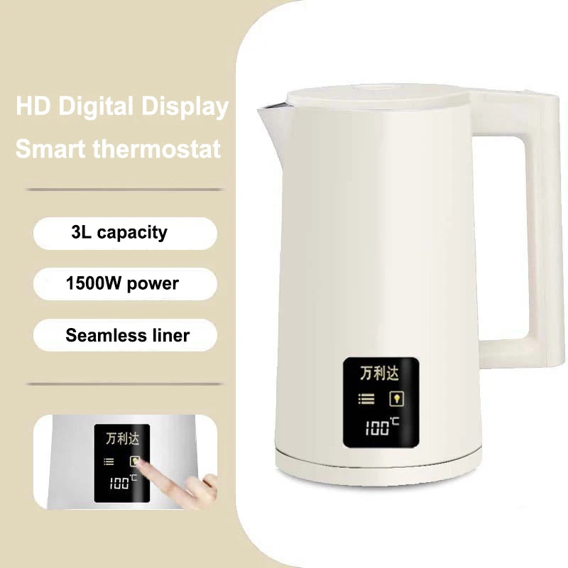 1500W LED Digital Display Electric Kettle 3L Stainless Steel Household Thermal Insulation Automatic Power-off Electric Kettle