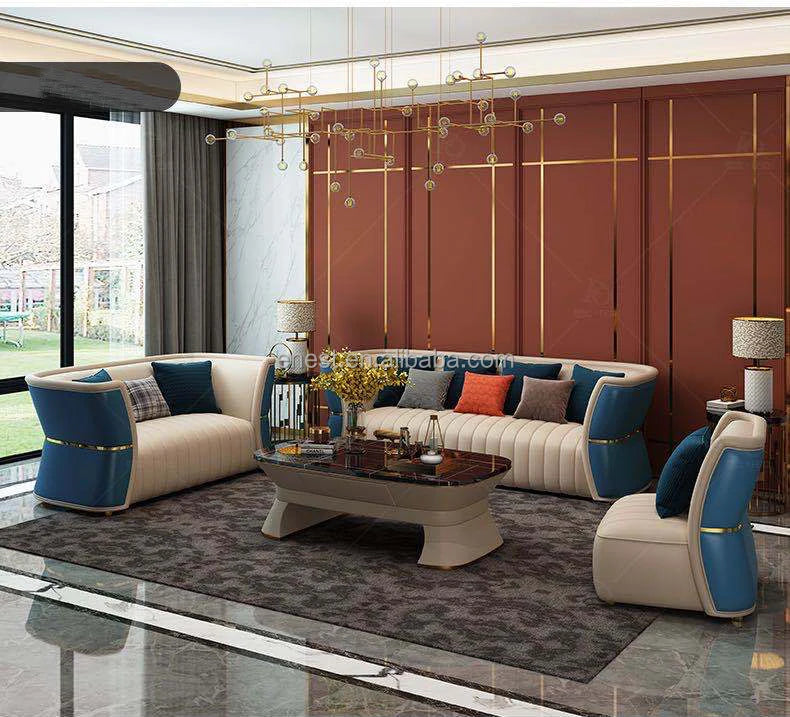 Modern European Style Luxury Villa Living Room Leather Sofa Set With Coffee Table TV Stand Furniture