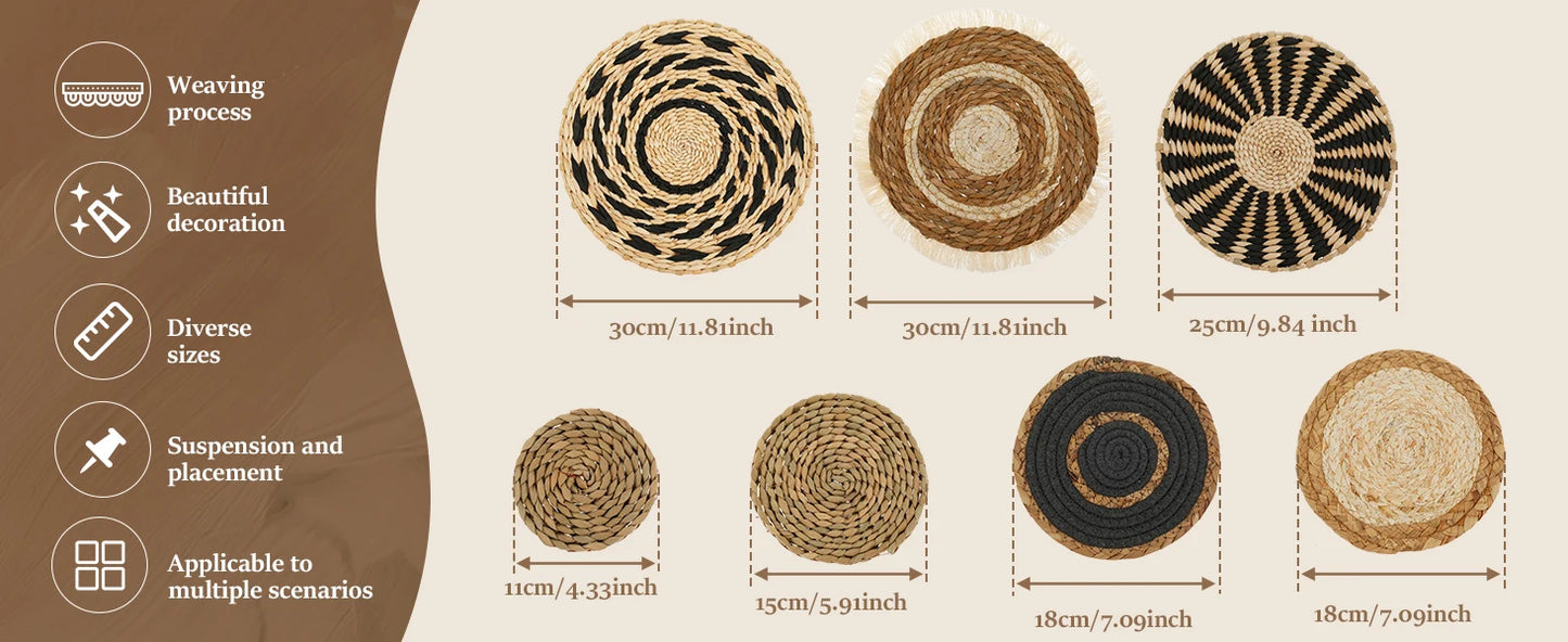 7 Pack Boho Wall Basket Decor, Hanging Woven Wall Basket Decor, Seagrass Rattan Wicker Boho Wall Decor, Round Wall Art