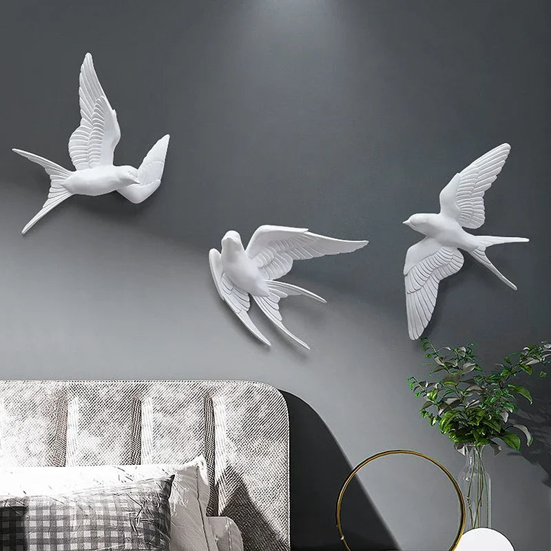 European White Three-dimensional Bird Wall Decoration Living Room Swallow Wall Hanging Abstract Animal Ornaments Home Decoration