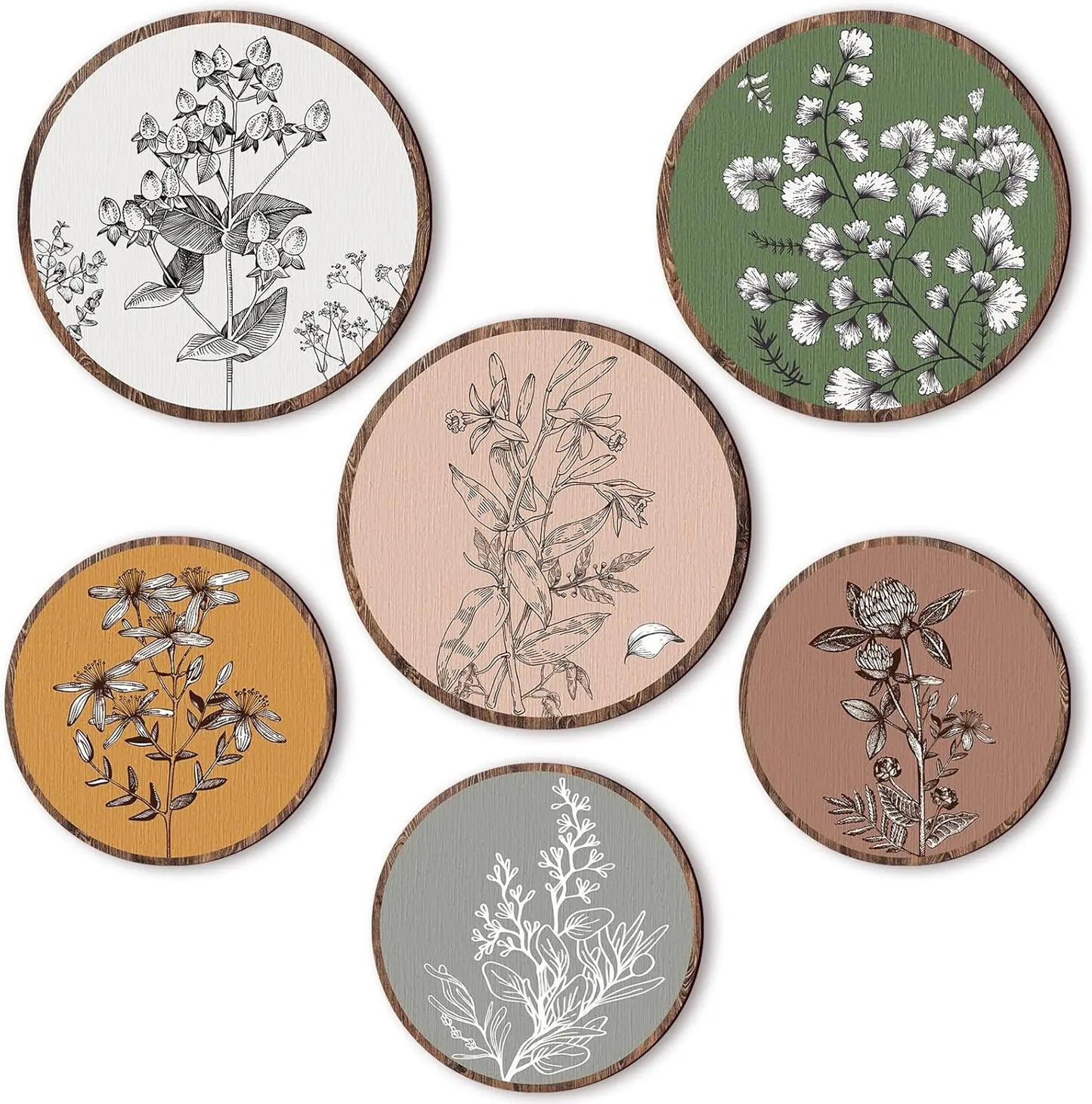 6Pcs Wooden Boho Wall Art, Bohemian Plant Hanging Decor, Rustic Farmhouse Wall Decor for Living Room, Bedroom & Office