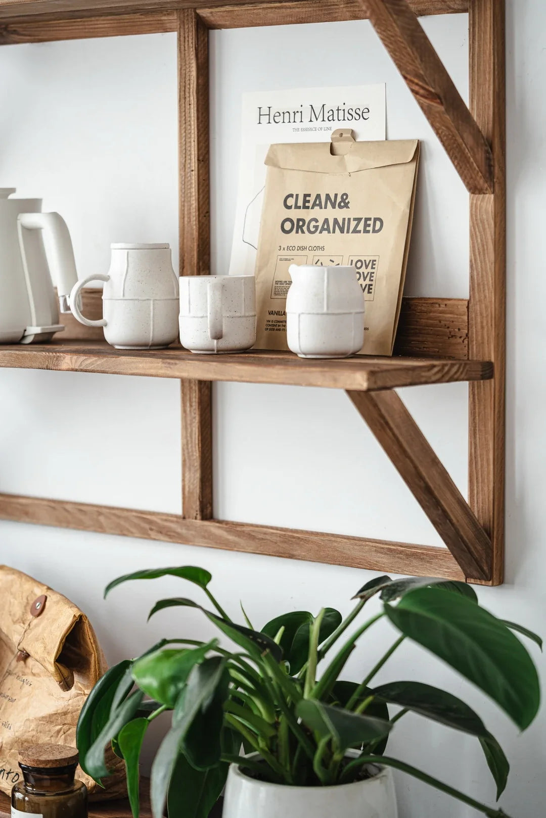 Wall Hanging Mounted Double Layer Display Rack, Teapot Storage, Solid Wood, Floating Shelves, Living Room Furniture