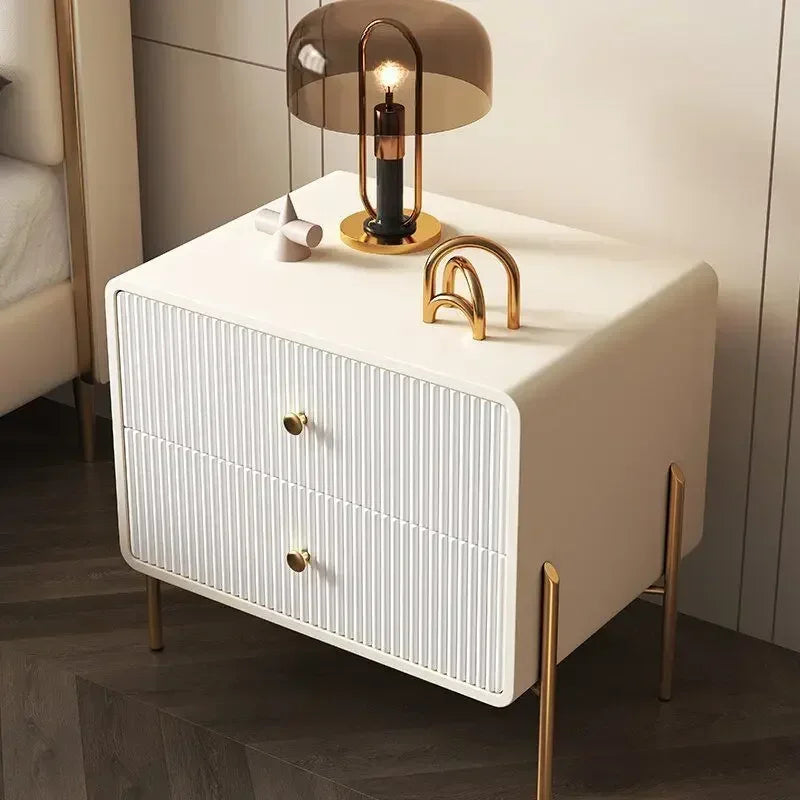 Modern Nightstand with Faux PU Leather, Bedside Table Furniture 2 Drawers, End Table with Metal Legs for Bedroom, Living Room