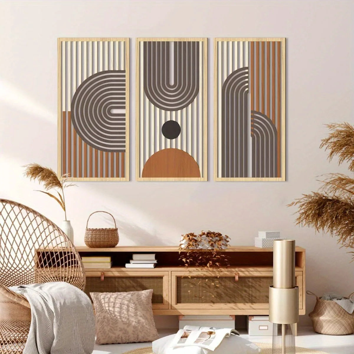 3PCS Modern Line Hollow Wooden Art Wall Decor, Abstract Geometric Wall Sculptures, Wall Decor for Bedroom Living Room Office