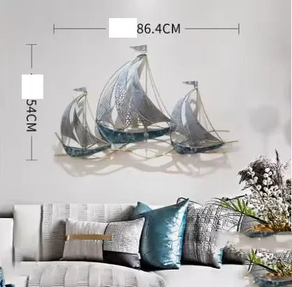Modern Wrought Iron Sailboat Wall Mural Hotel 3D Wall Sticker Decoration Home Livingroom Background Wall Hanging Ornament Crafts
