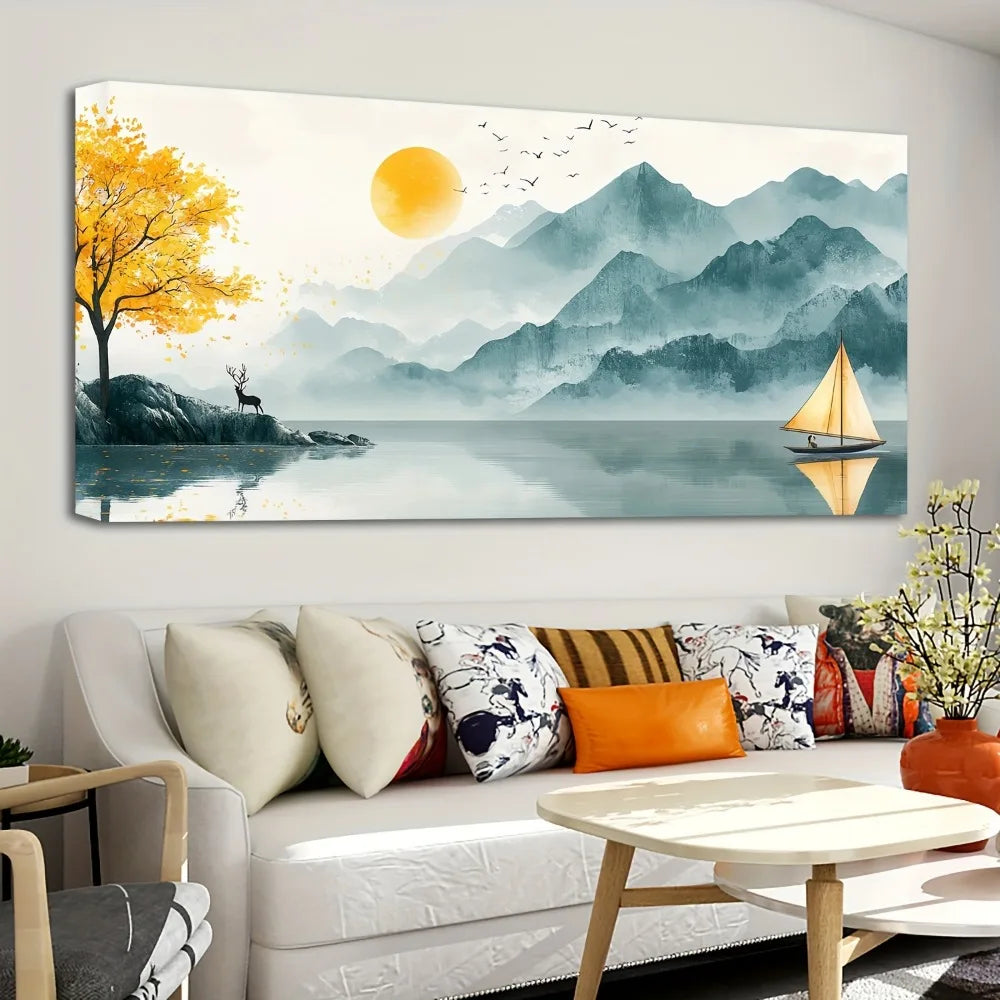 1.5 inch thick pine solid wood frame, landscape poster, sunrise scenery and golden mountain painting, interior decoration