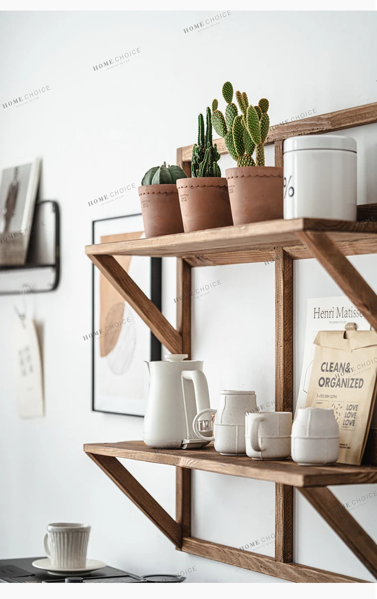 Wall Hanging Mounted Double Layer Display Rack, Teapot Storage, Solid Wood, Floating Shelves, Living Room Furniture