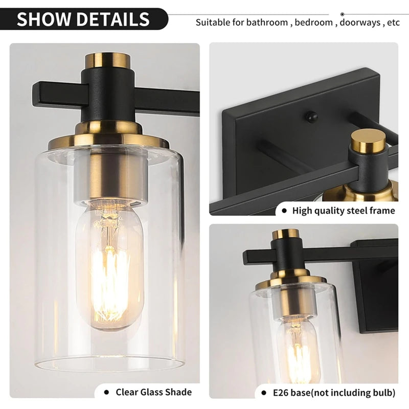 3-Light Modern Bathroom Vanity Light Fixture Above Mirror, Metal & Glass Construction, Hardwired for Easy Installation