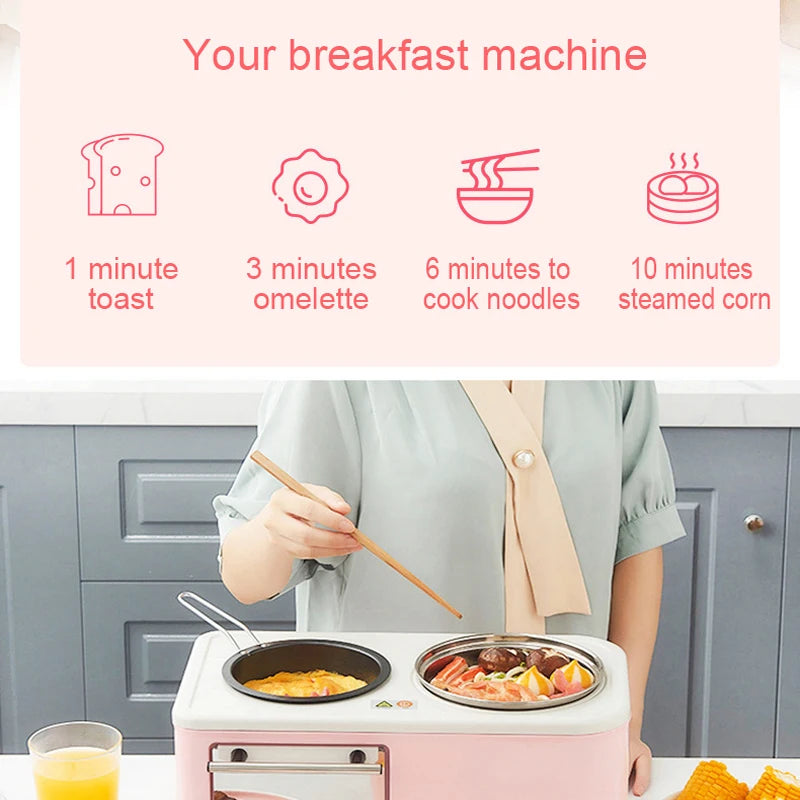Household Electric 4 in 1 Breakfast Machine Mini Bread Toaster Baking Oven Omelette Fry Pan Hot Pot Boiler Food Steamer